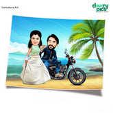 Couple On Bike At Beach Caricature Art