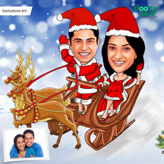 Couple on Santa Sleigh Caricature Art