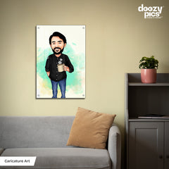 Man Holding Cup Caricature Art