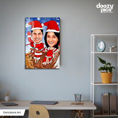Couple on Santa Sleigh Caricature Art