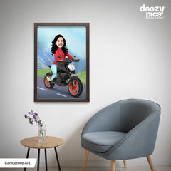 Bike Riding Woman Caricature Art