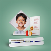 Personalized Brother Combo Gift – Diamond shaped Crystal Photo Frame & Name Metal Rakhi with Evil Eye Band