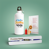 Personalized Brother Combo Gift – Blue Metal Rakhi with Evil Eye Band & Sipper Water Bottle with Quote