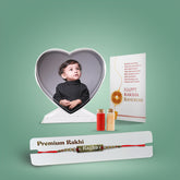 Customised Crystal Glass Photo Stand and Name Engraved Rakhi Combo