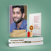 Personalized Rakhi with Name & Acrylic Portrait with Wooden Base for Brother