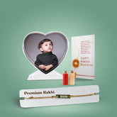 Customised Crystal Glass Photo Stand and Name Engraved Metal Rakhi Combo
