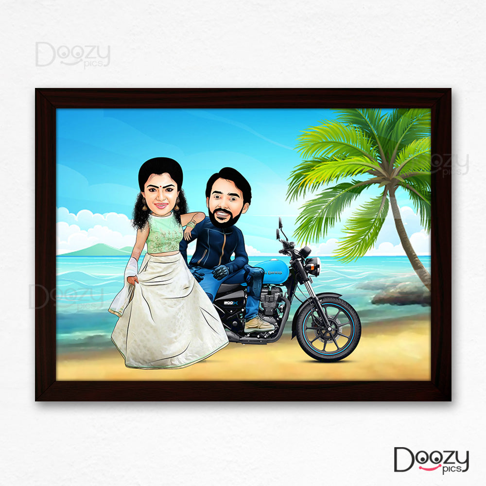 Couple On Bike At Beach Caricature Art