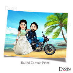 Couple On Bike At Beach Caricature Art