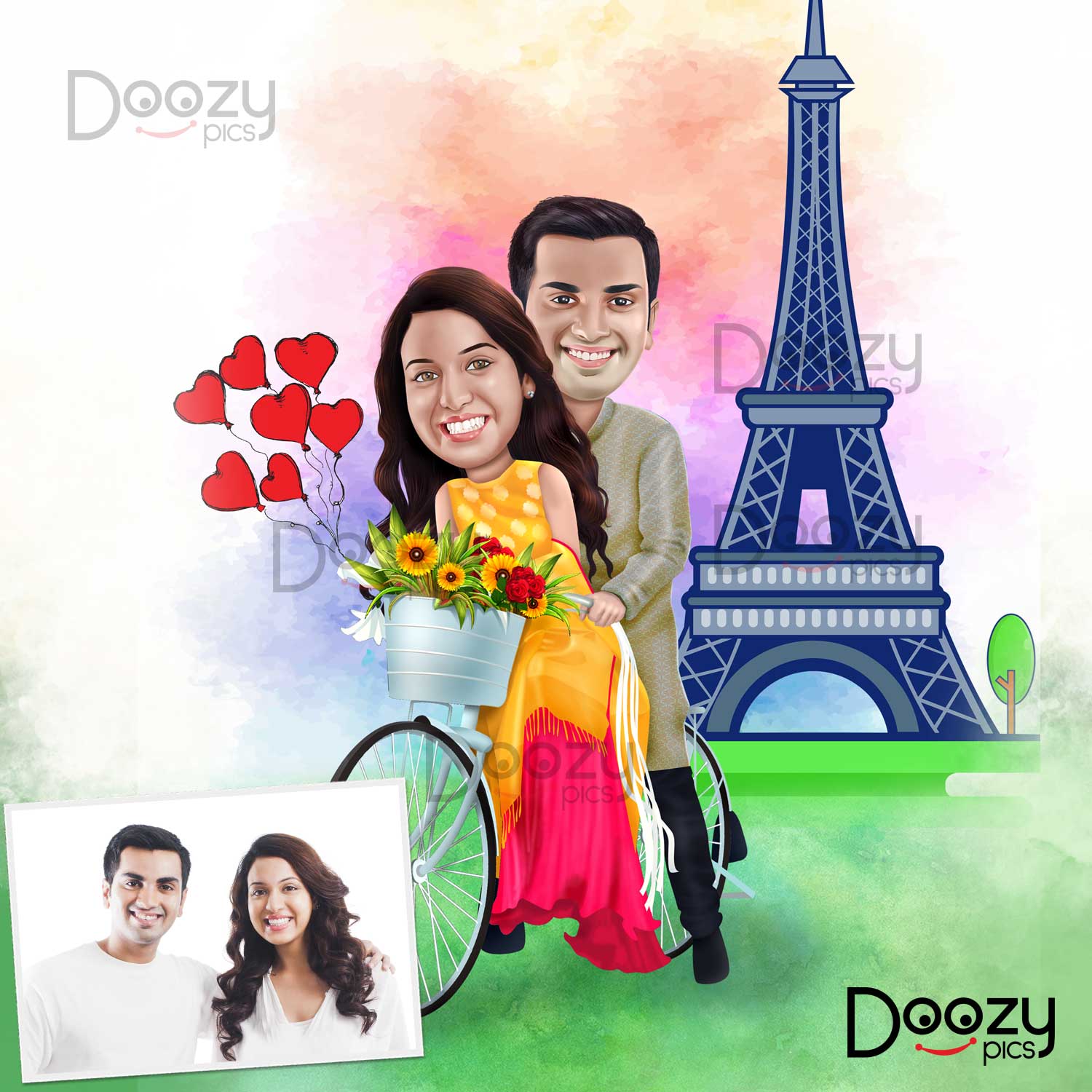 Couple Riding Bicycle Caricature Art