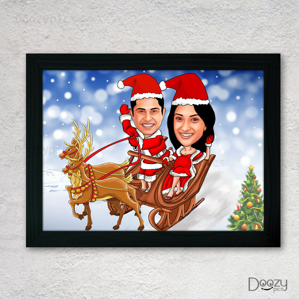 Couple on Santa Sleigh Caricature Art