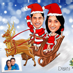 Couple on Santa Sleigh Caricature Art