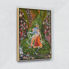 Radha and Krishna Walk in a Flowering Grove- Canvas Float Frame-18"X24"