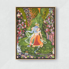 Radha and Krishna Walk in a Flowering Grove- Canvas Float Frame-18"X24"