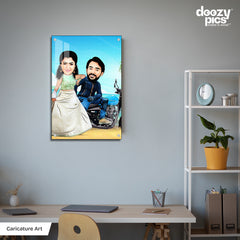 Couple On Bike At Beach Caricature Art