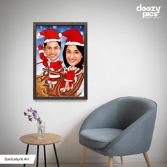 Couple on Santa Sleigh Caricature Art