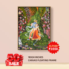 Radha and Krishna Walk in a Flowering Grove- Canvas Float Frame-18"X24"