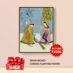 Two Women And A Peacock- Canvas Float Frame-18"X24"