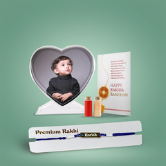 Personalized Brother Combo Gift – Love shaped Crystal Photo Frame & Name Metal Rakhi with Evil Eye Band