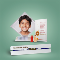Personalized Brother Combo Gift – Diamond shaped Crystal Photo Frame & Name Metal Rakhi with Evil Eye Band