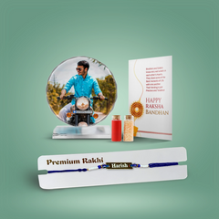 Personalized Brother Combo Gift – Circle shaped Crystal Photo Frame & Name Metal Rakhi with Evil Eye Band