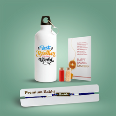 Personalized Brother Combo Gift – Blue Metal Rakhi with Evil Eye Band & Sipper Water Bottle with Quote
