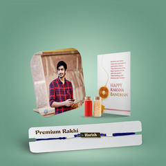 Personalized Brother Combo Gift – Rounded Square Shaped Acrylic Hook Photo Stand & Name Metal Rakhi with Evil Eye Band