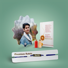 Personalized Brother Combo Gift – Floral Shaped Acrylic Photo Stand & Name Metal Rakhi with Evil Eye Band