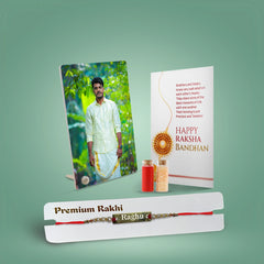 Personalized Brother Combo Gift – Portrait Shaped Acrylic Hook Photo Stand & Name Metal Rakhi with Evil Eye Band