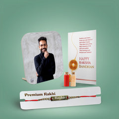 Personalized Brother Combo Gift – Rounded Square Shaped Acrylic Hook Photo Stand & Name Engraved Metal Rakhi