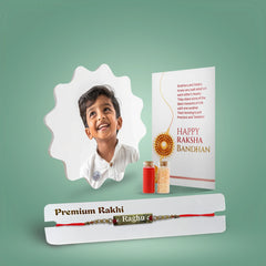 Personalized Brother Combo Gift – Floral Square Shaped Acrylic Hook Photo Stand & Name Engraved Metal Rakhi