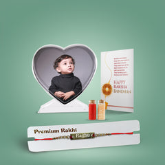 Customised Crystal Glass Photo Stand and Name Engraved Rakhi Combo