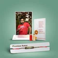 Customised Crystal Glass Photo Stand and Name Engraved Rakhi Combo