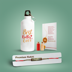 Personalized Brother Combo Gift – Red Metal Rakhi & Sipper Water Bottle with Quote