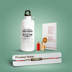 Personalized Brother Combo Gift – Red Metal Rakhi & Sipper Water Bottle with Quote