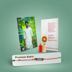 Personalized Brother Combo Gift – Acrylic Hook Photo Stand & Metal Rakhi with Name
