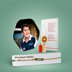Personalized Brother Combo Gift – Acrylic Hook Photo Stand & Metal Rakhi with Name
