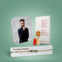 Personalized Brother Combo Gift – Acrylic Hook Photo Stand & Metal Rakhi with Name