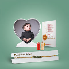 Customised Crystal Glass Photo Stand and Name Engraved Metal Rakhi Combo