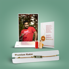 Customised Crystal Glass Photo Stand and Name Engraved Metal Rakhi Combo