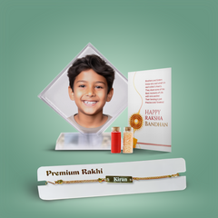 Customised Crystal Glass Photo Stand and Name Engraved Metal Rakhi Combo