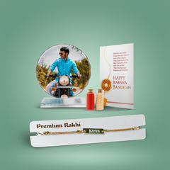 Customised Crystal Glass Photo Stand and Name Engraved Metal Rakhi Combo
