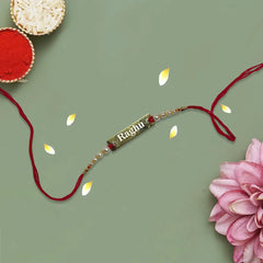 Personalized Brother Combo Gift – Floral Square Shaped Acrylic Hook Photo Stand & Name Engraved Metal Rakhi