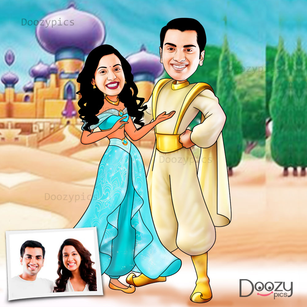 Aladdin And Jasmine Couple Caricature Art
