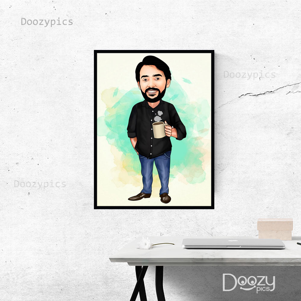 Man Holding Cup Caricature Art